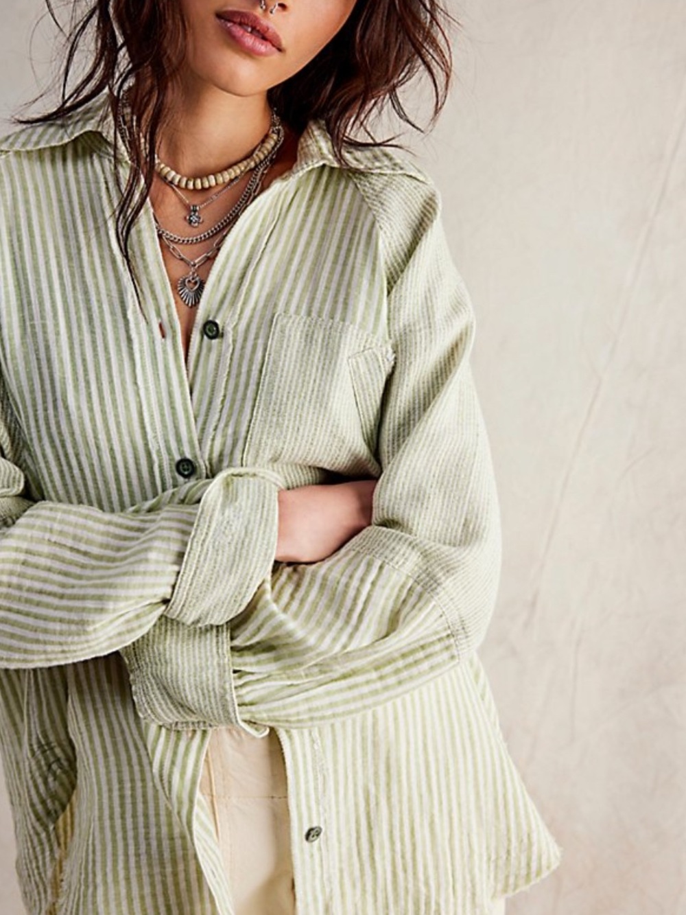 Free People We The Free Indigo Skies Shirt Size XL Green NWOT RT $148
